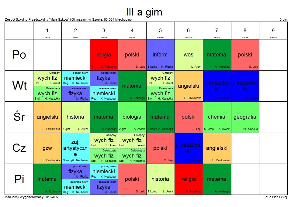 Plany Zajęć Poszczególnych Klas