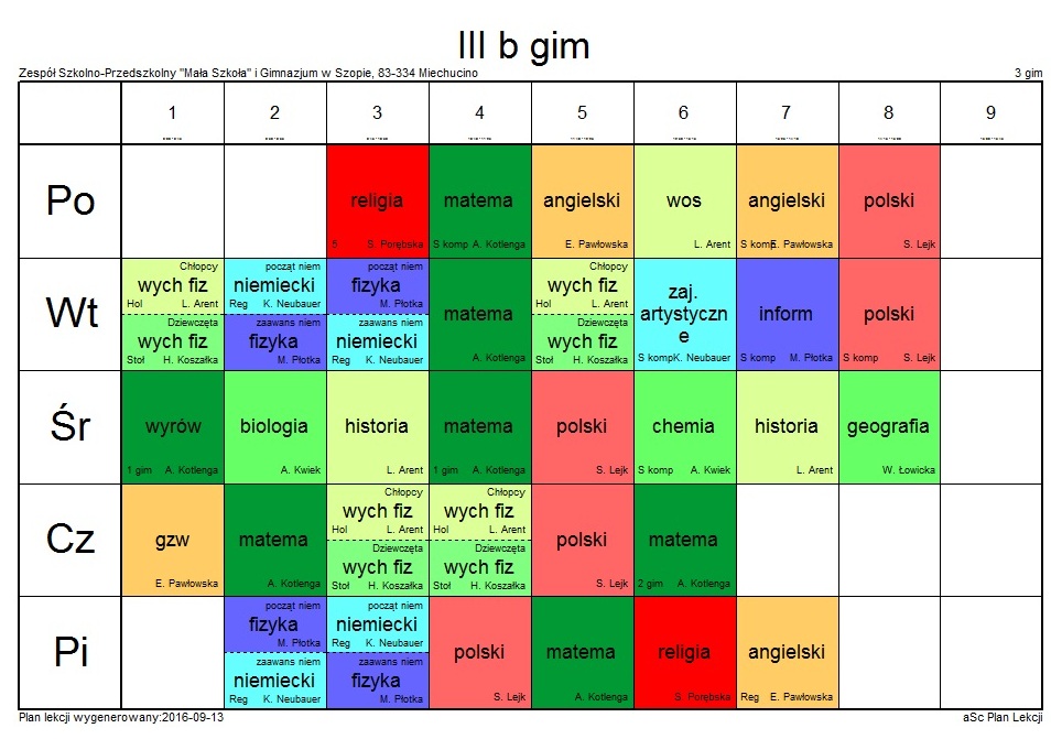 Plany Zajęć Poszczególnych Klas